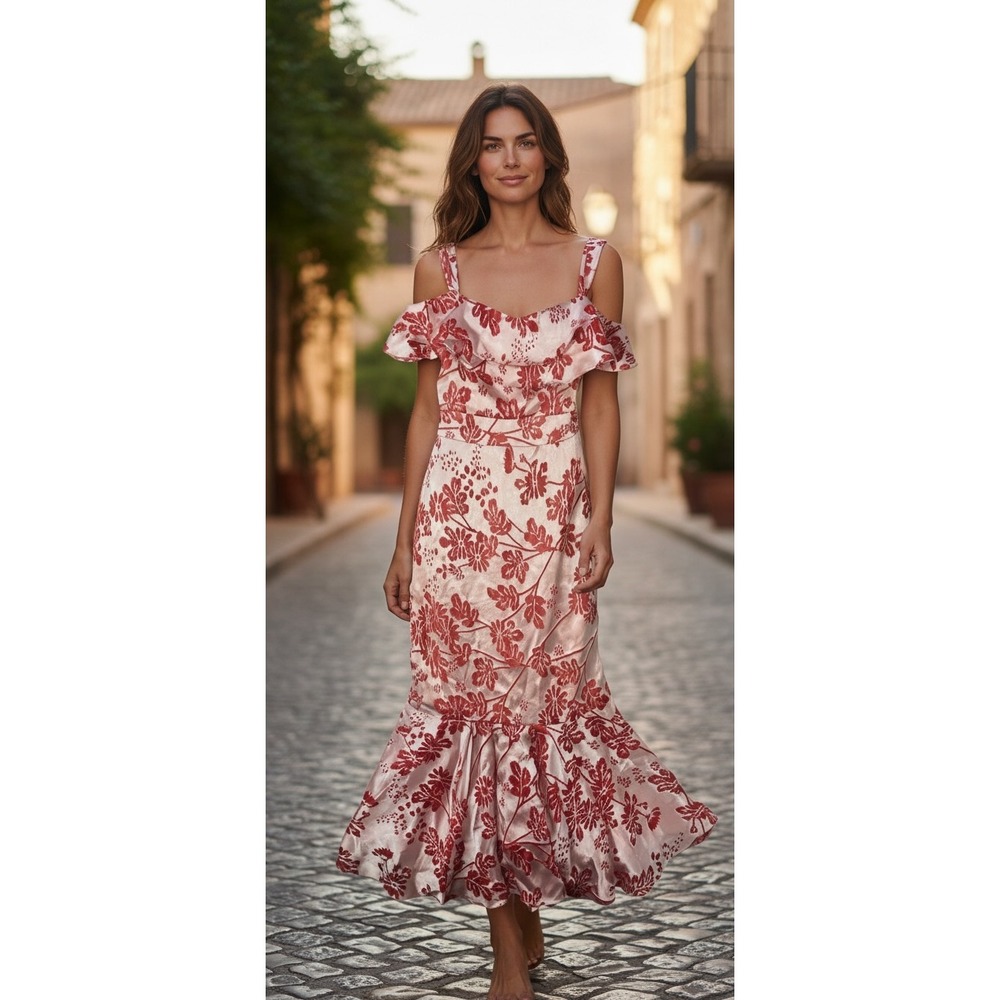 Likely light pink & Red Floral‎ Shoulder Ruffle Maxi Dress